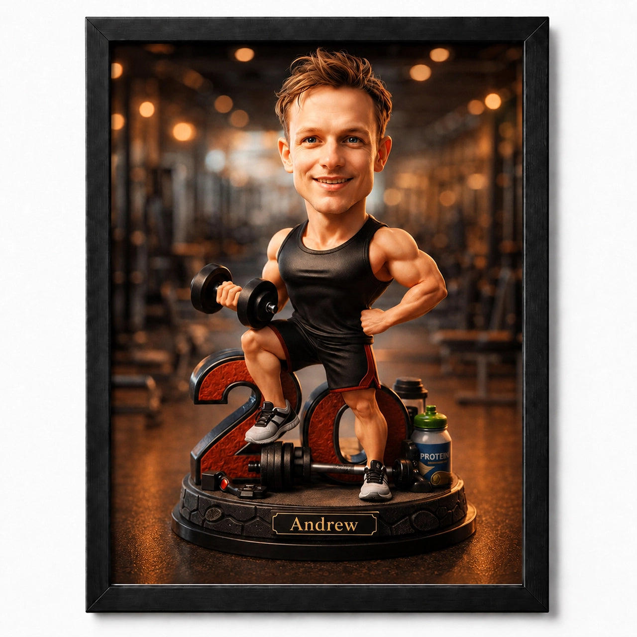 Personalized bodybuilder caricature from photo – unique fitness gift for him on canvas or poster.