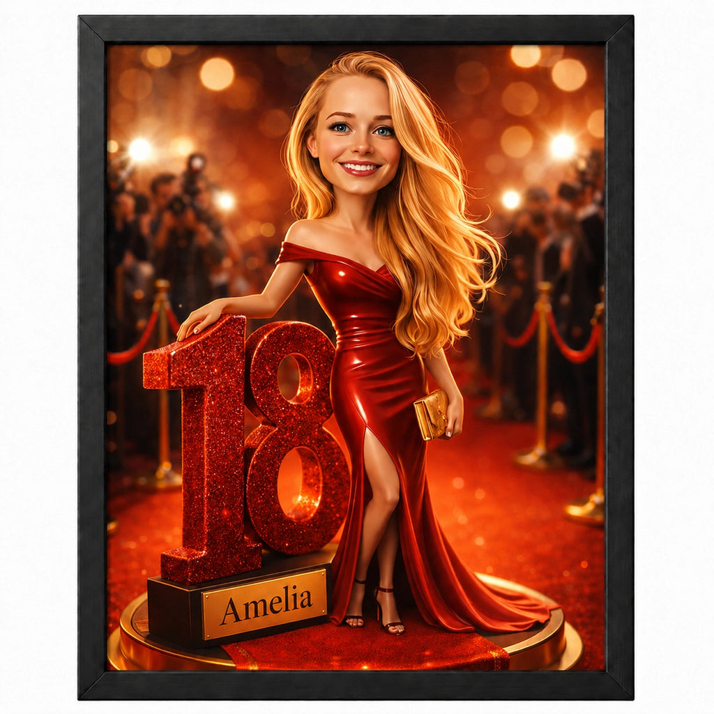 Personalized 18th birthday caricature from photo featuring a glamorous red carpet and Hollywood-inspired backdrop.