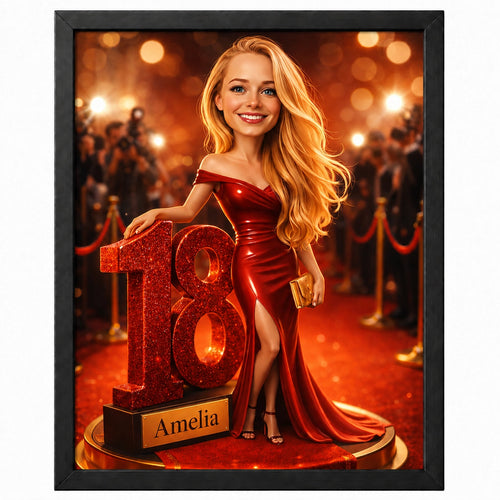 Personalized 18th birthday caricature from photo featuring a glamorous red carpet and Hollywood-inspired backdrop.