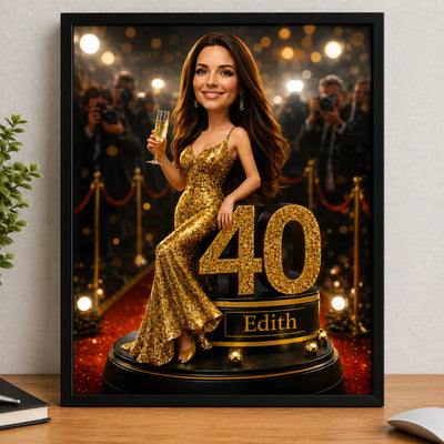 Personalized canvas print from photo for a woman's 40th birthday featuring a glamorous red carpet theme.