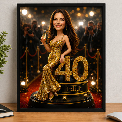 Personalized canvas print from photo for a woman's 40th birthday featuring a glamorous red carpet theme.