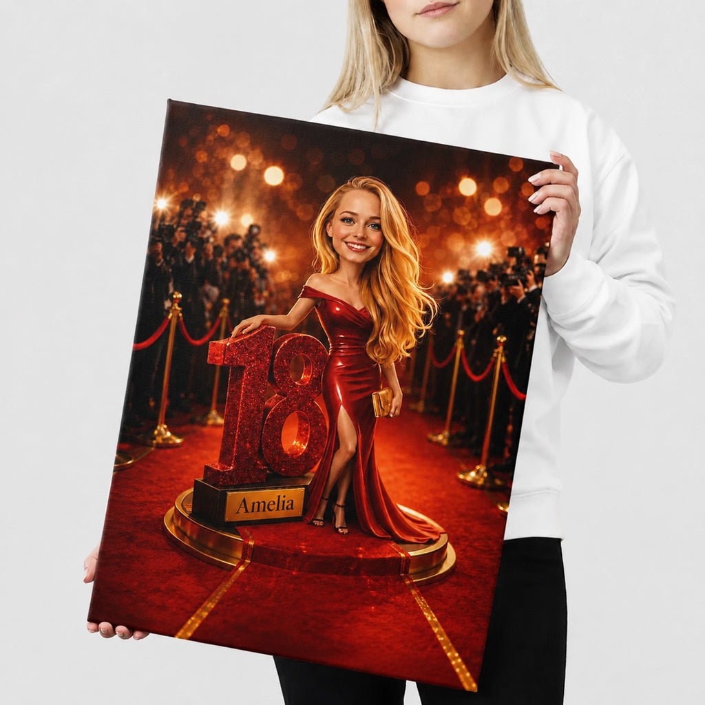 Custom 18th birthday portrait for a girl from photo – elegant red carpet caricature gift she'll always remember.