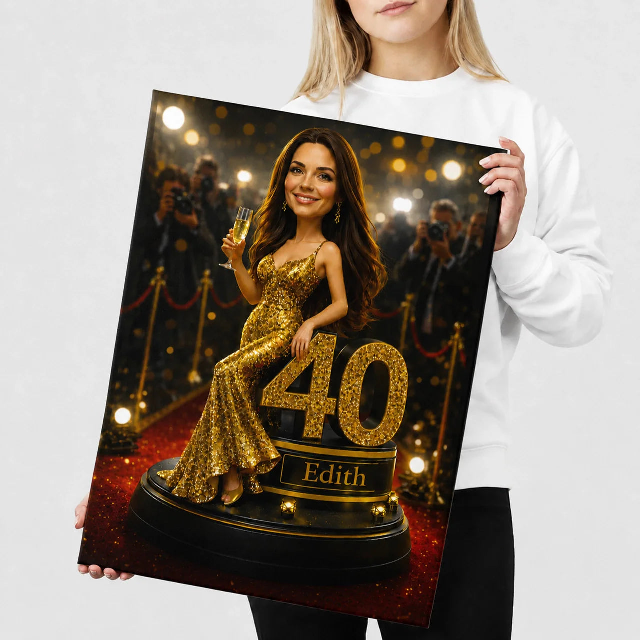 Custom red carpet canvas from photo – elegant 40th birthday gift for her with a Hollywood-inspired style.