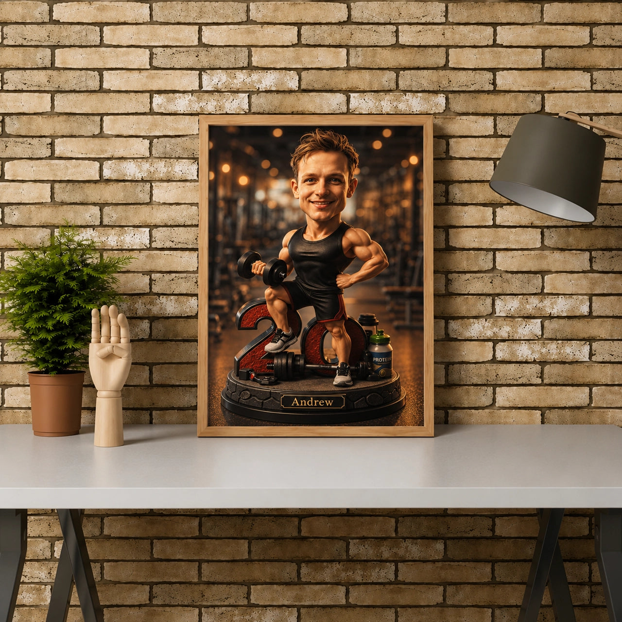 Custom muscle man caricature created from photo – perfect gift for bodybuilders and fitness enthusiasts.