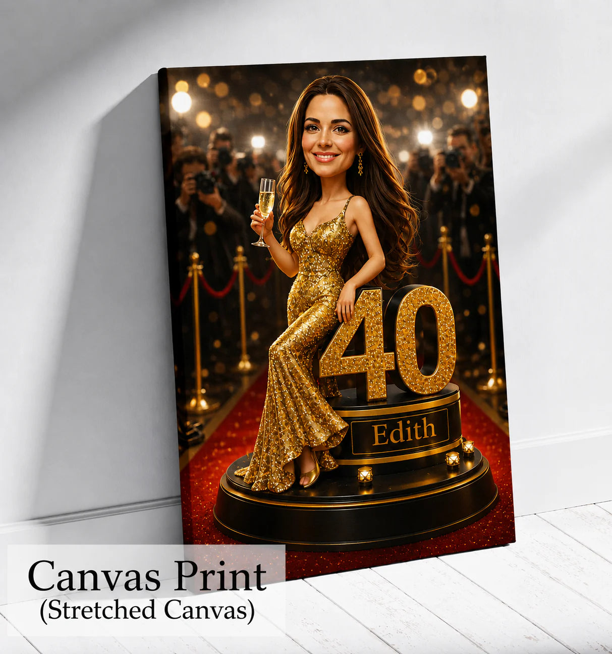 Personalized 40th birthday canvas print from picture – unique red carpet artwork for women celebrating a milestone.