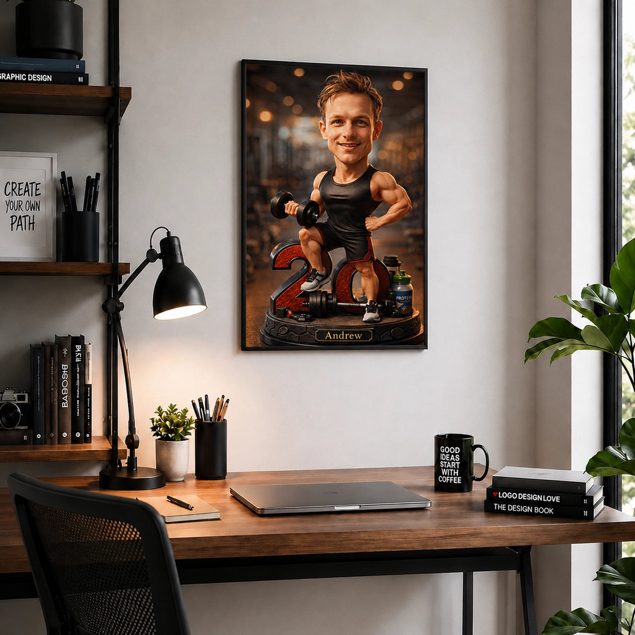 Personalized bodybuilding portrait from photo featuring muscular physique and gym-inspired background.