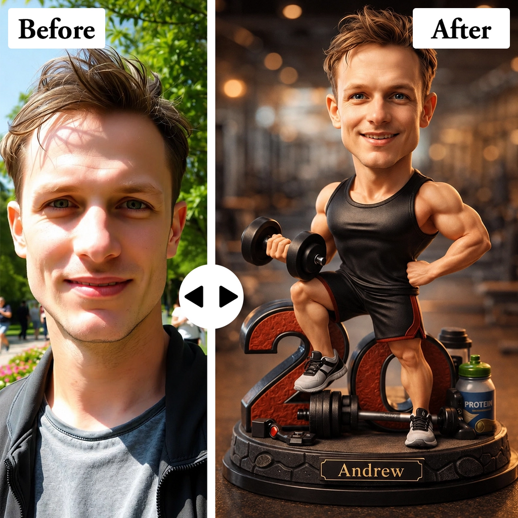Funny gym caricature from photo – memorable birthday gift for him who loves weightlifting.