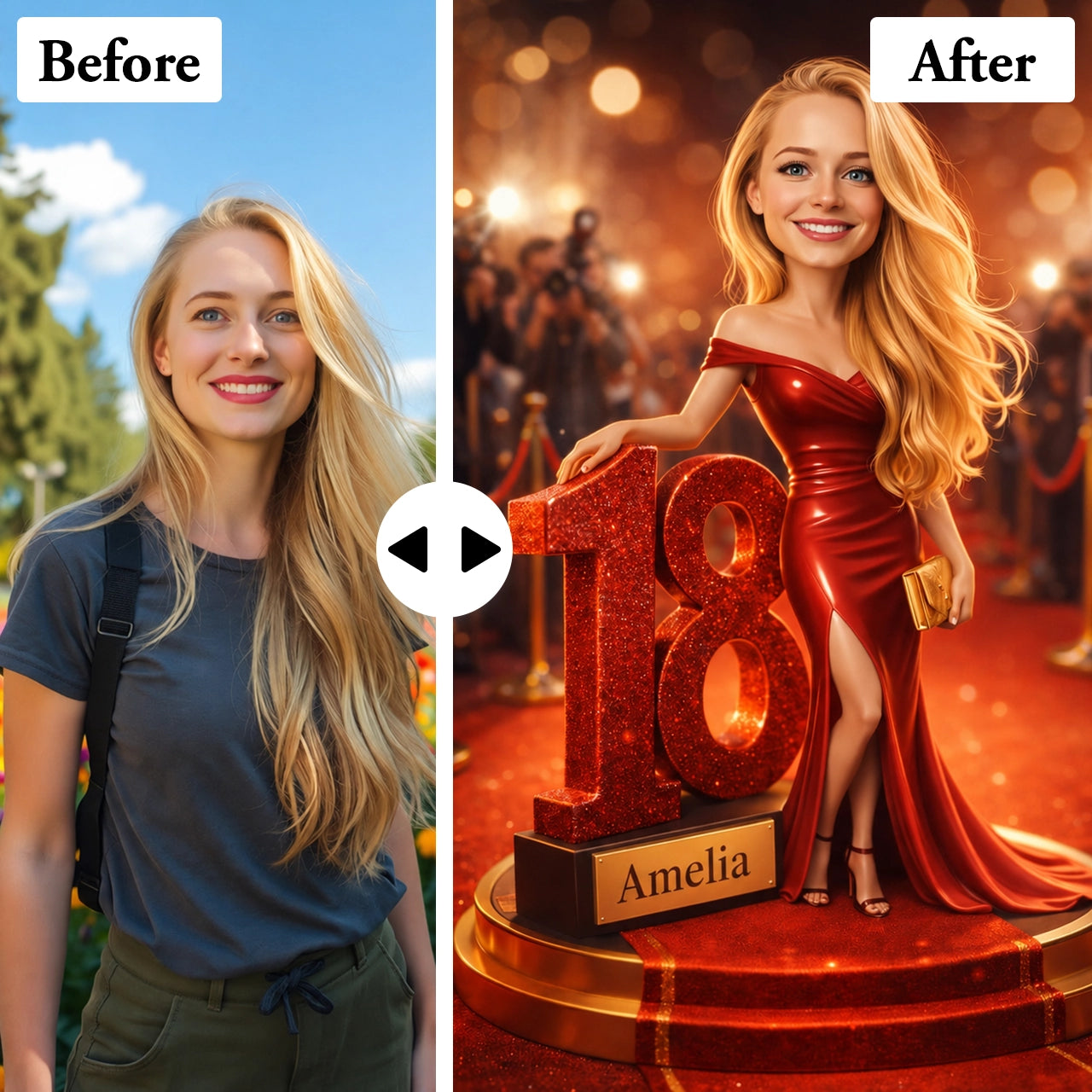 Funny and glamorous caricature from photo – personalized 18th birthday wall art for girls turning eighteen.