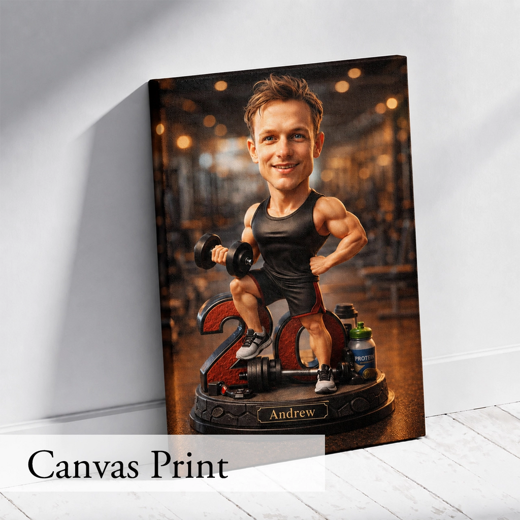 Personalized fitness caricature from photo – ideal gift for gym lovers, personal trainers, and bodybuilders.