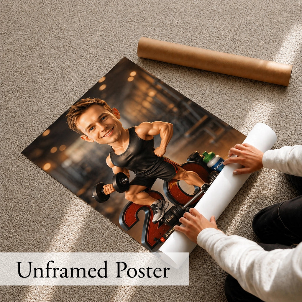 High-quality bodybuilder caricature canvas from photo – custom gift for men passionate about strength training.