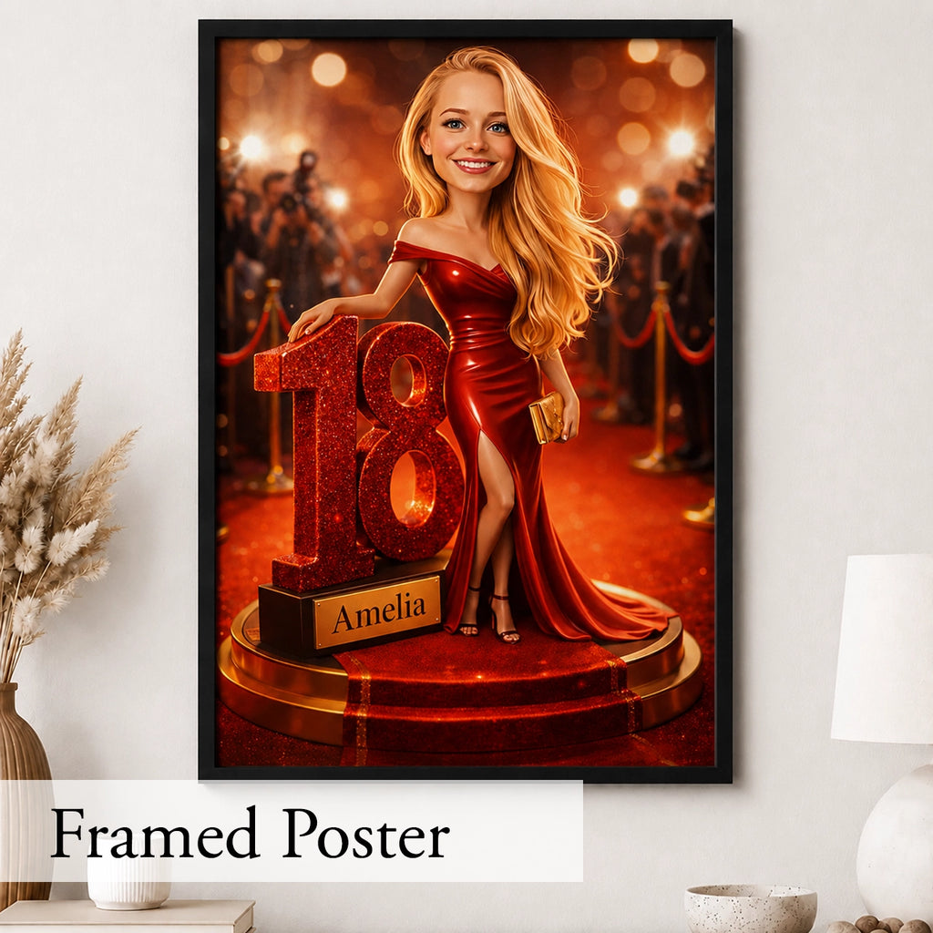 Personalized red carpet portrait from photo – celebrity-inspired 18th birthday gift for her on canvas or poster.
