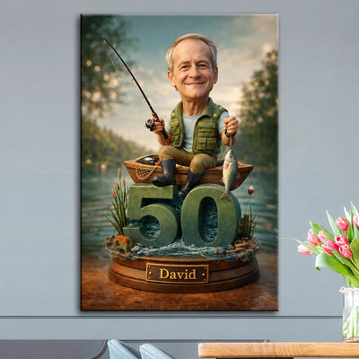 Personalized angler caricature from photo – unique fishing gift for him on canvas or poster.