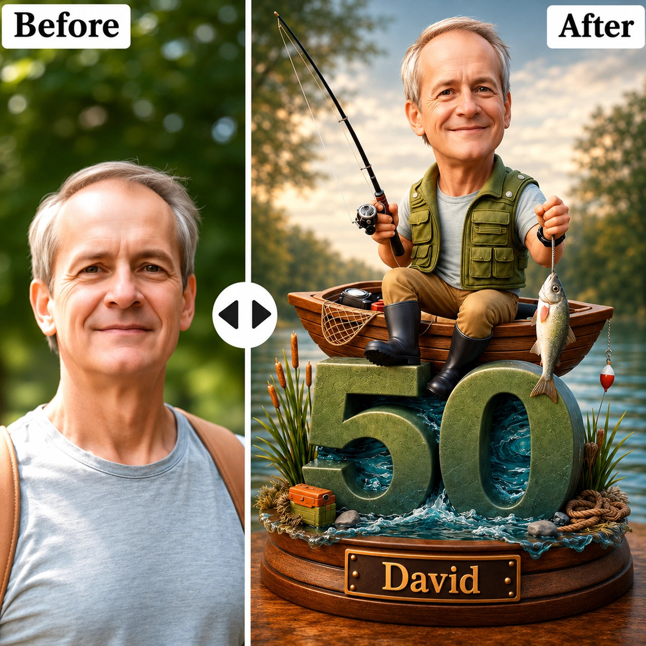 Funny angler caricature from picture – custom gift for dad, husband, boyfriend, or fishing enthusiast.