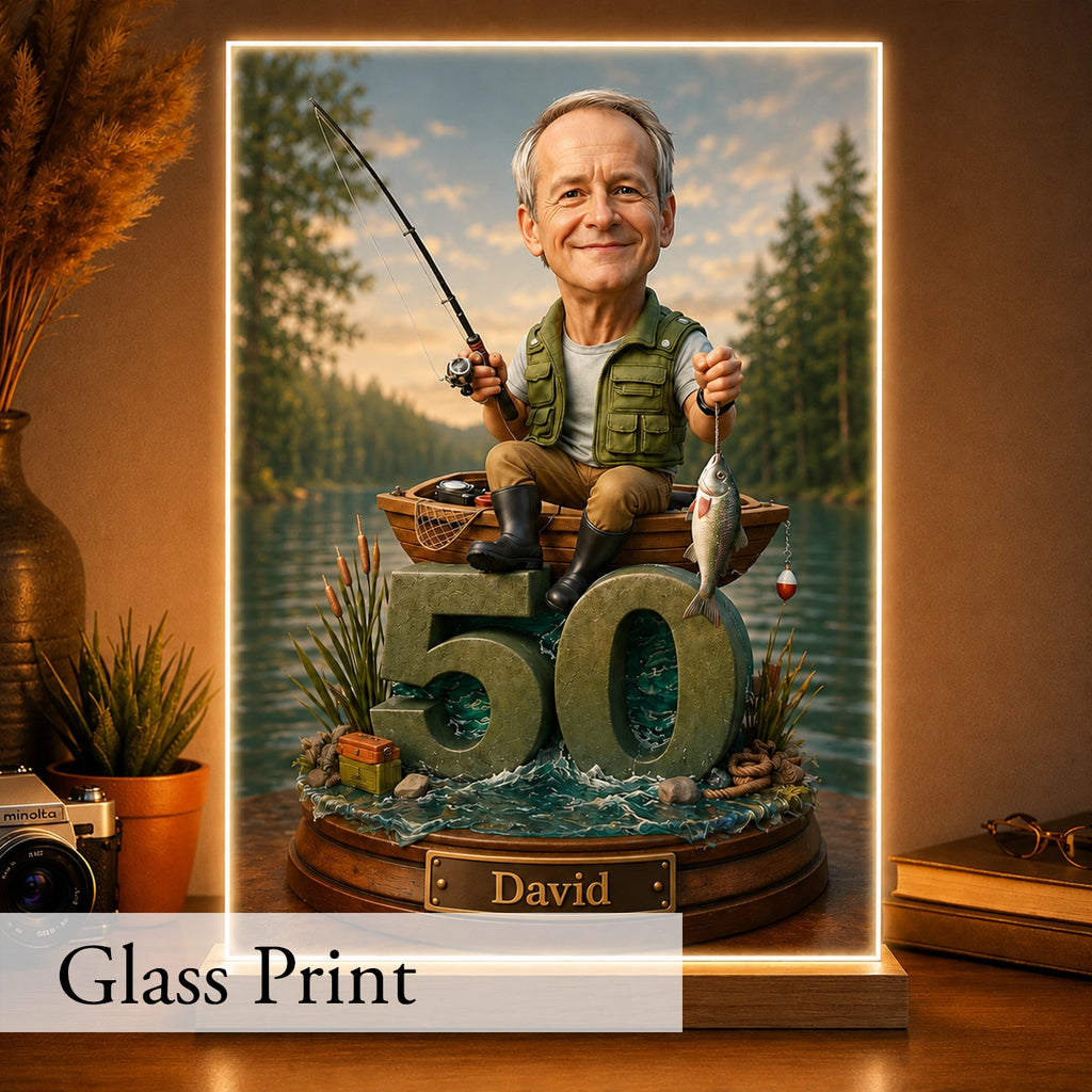 Custom fishing caricature created from photo – personalized artwork for passionate anglers.