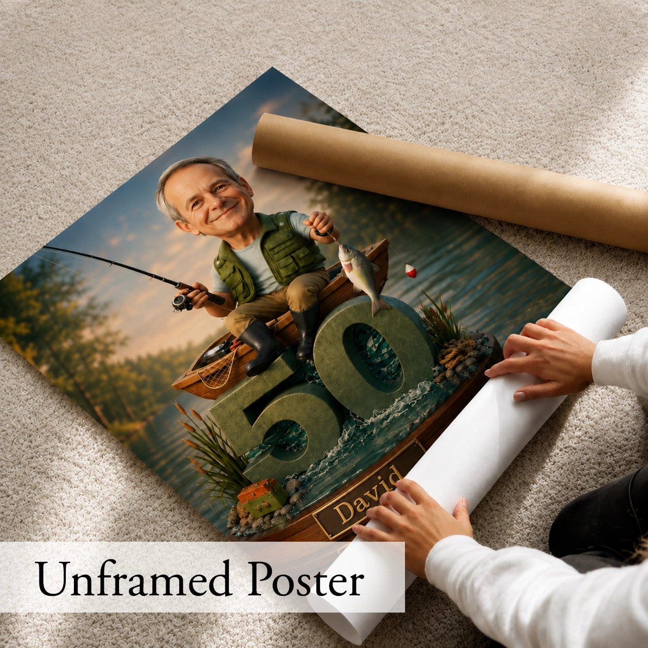 Personalized fisherman portrait from photo featuring a fishing rod, trophy catch, and scenic lake background.