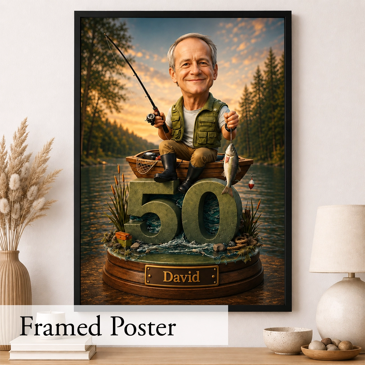 Funny fishing caricature from photo – memorable birthday gift for every angler and outdoor lover.