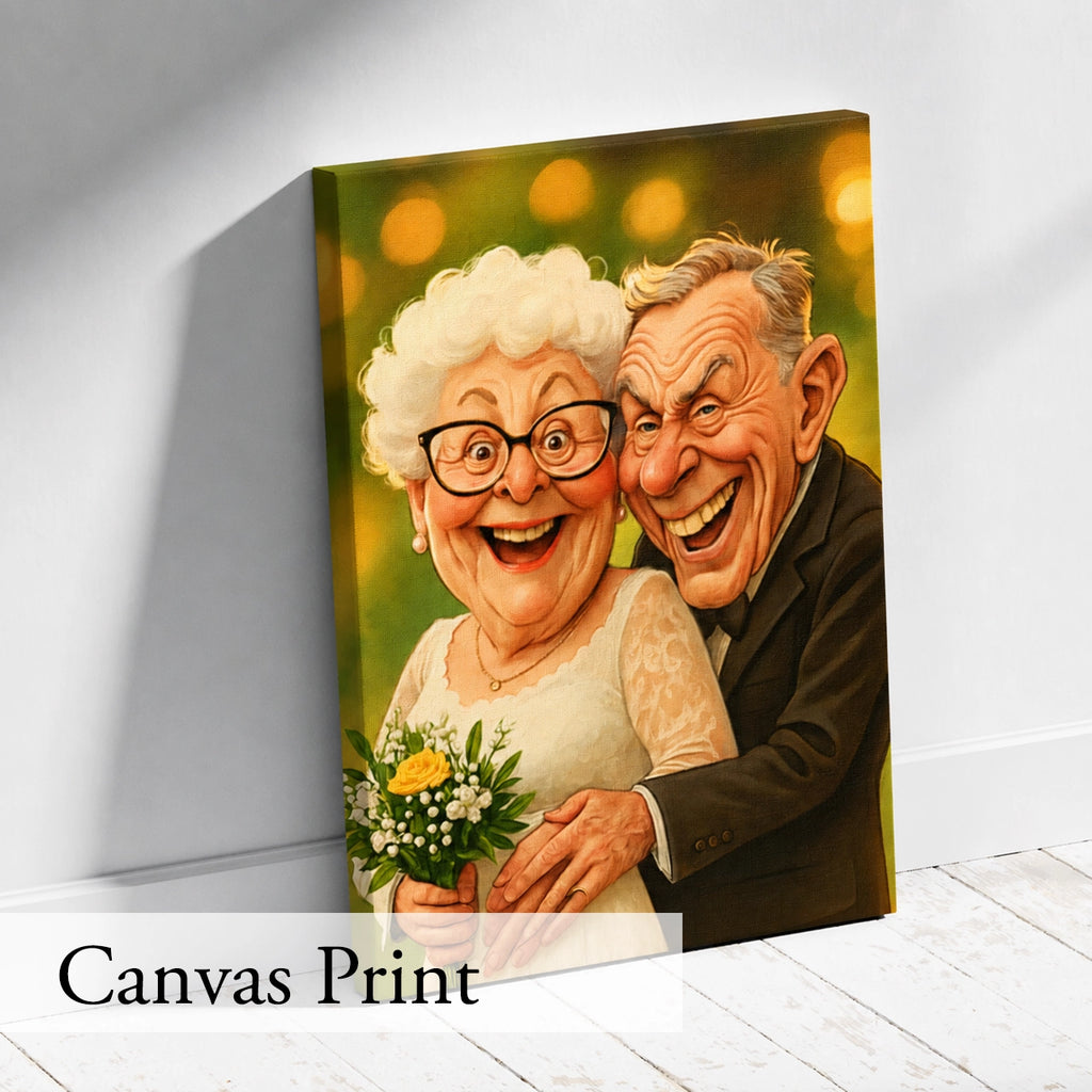 Funny anniversary canvas featuring a custom caricature created from your favorite photo.