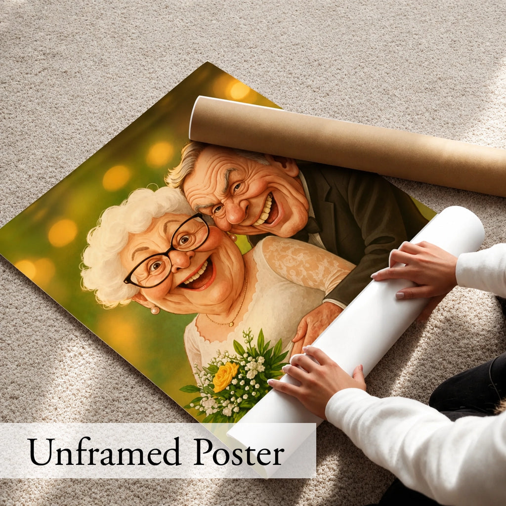 Personalized couple portrait from photo transformed into a playful caricature for an anniversary.