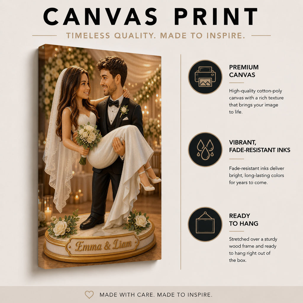 Custom bride and groom caricature displayed in a black frame