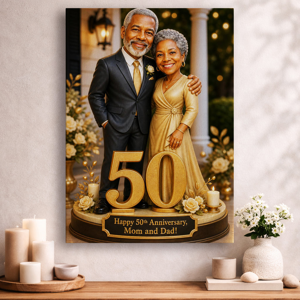 Custom 50th anniversary portrait displayed in a black frame