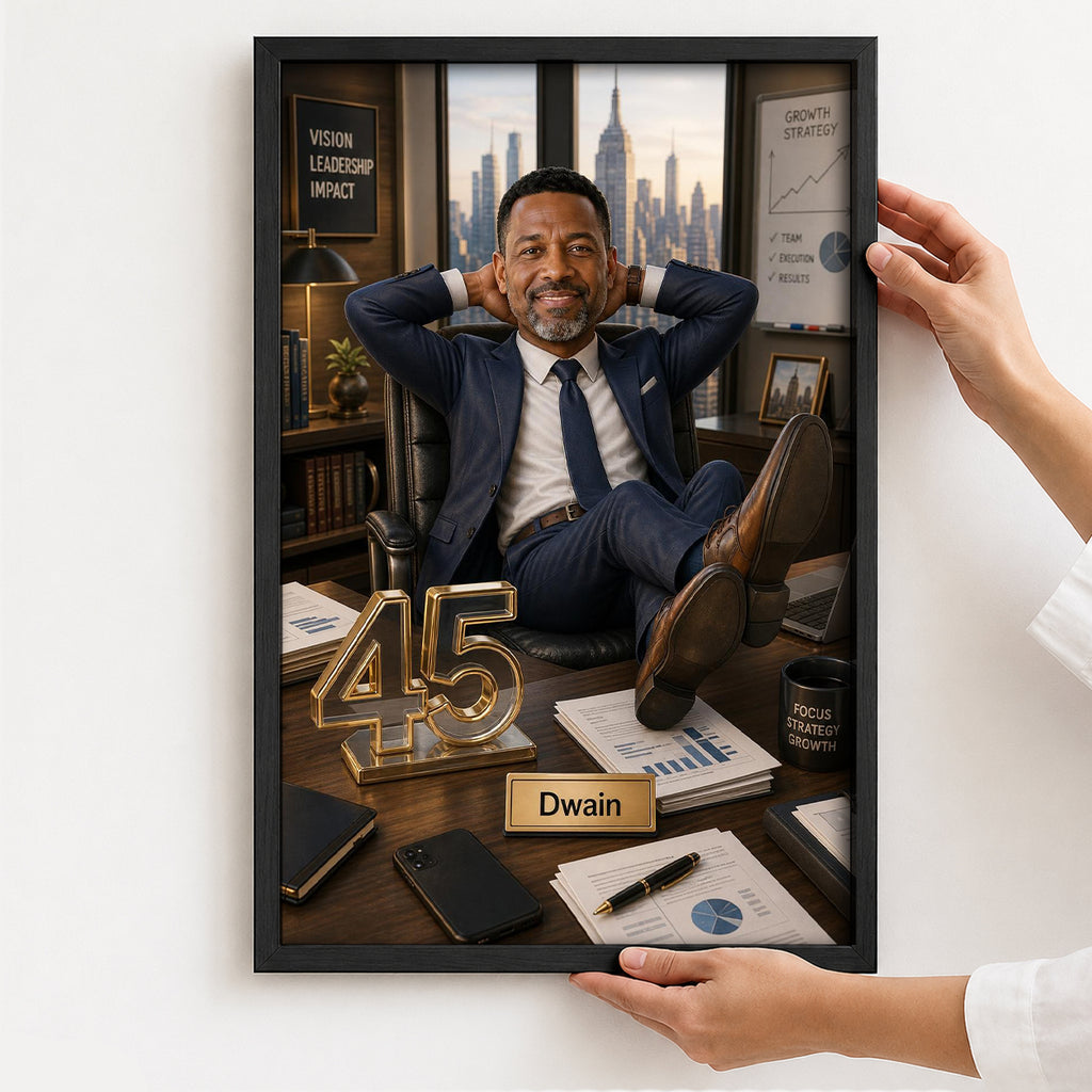 Personalized boss gift featuring a custom executive portrait