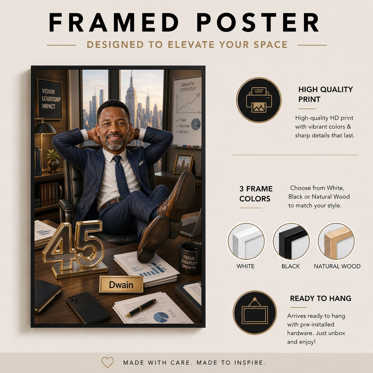 Custom company leader portrait from photo as framed wall decor