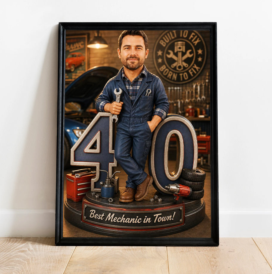 Custom Car Mechanic Caricature from Photo printed on premium canvas