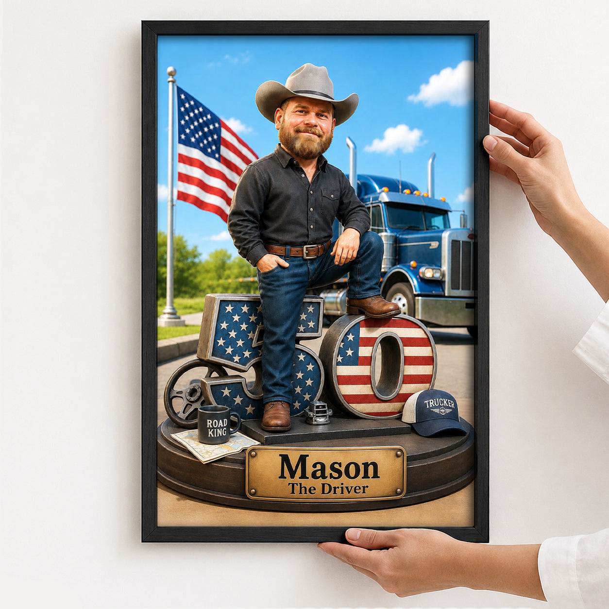 Personalized truck driver gift featuring a custom caricature