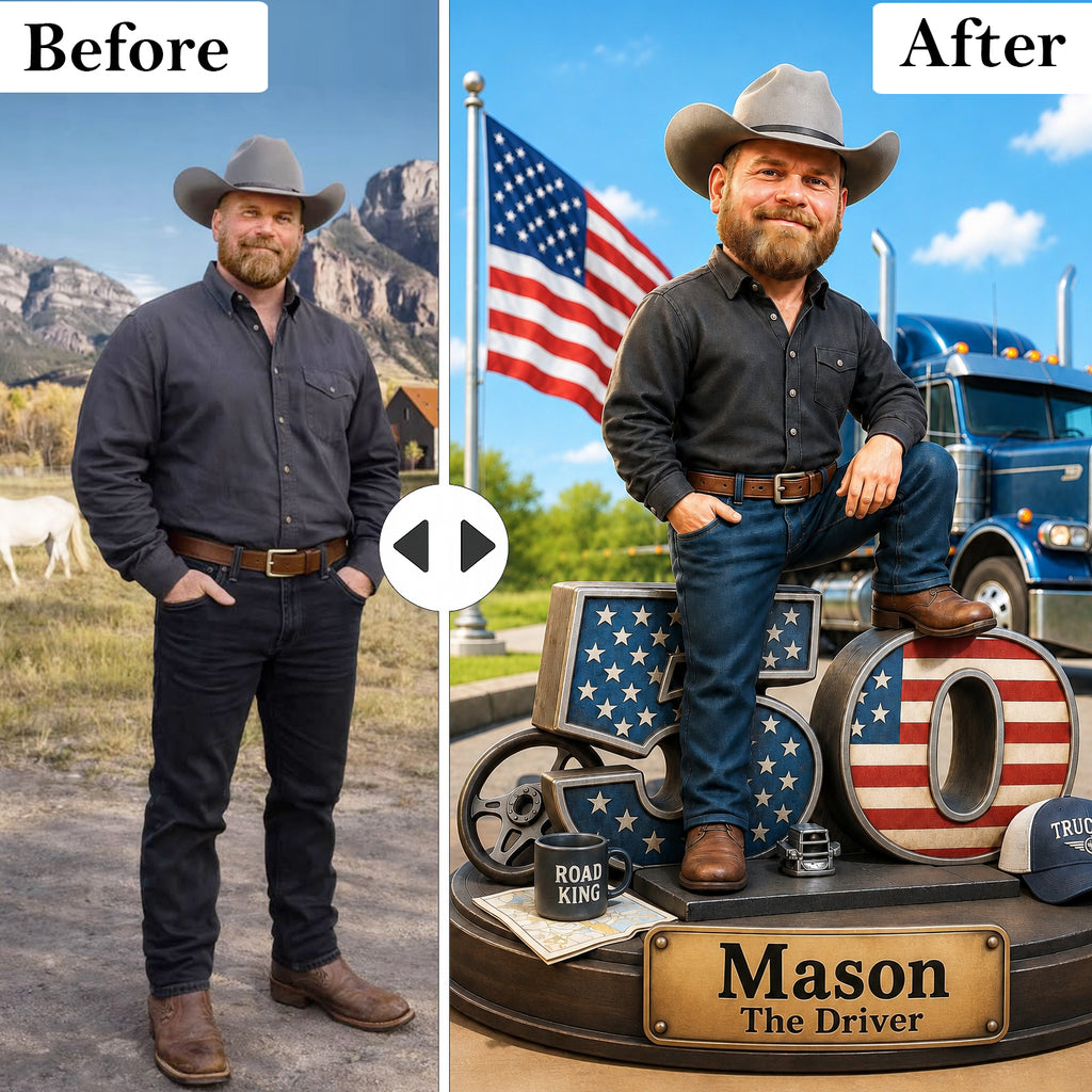 Custom semi truck driver portrait from photo in a black frame