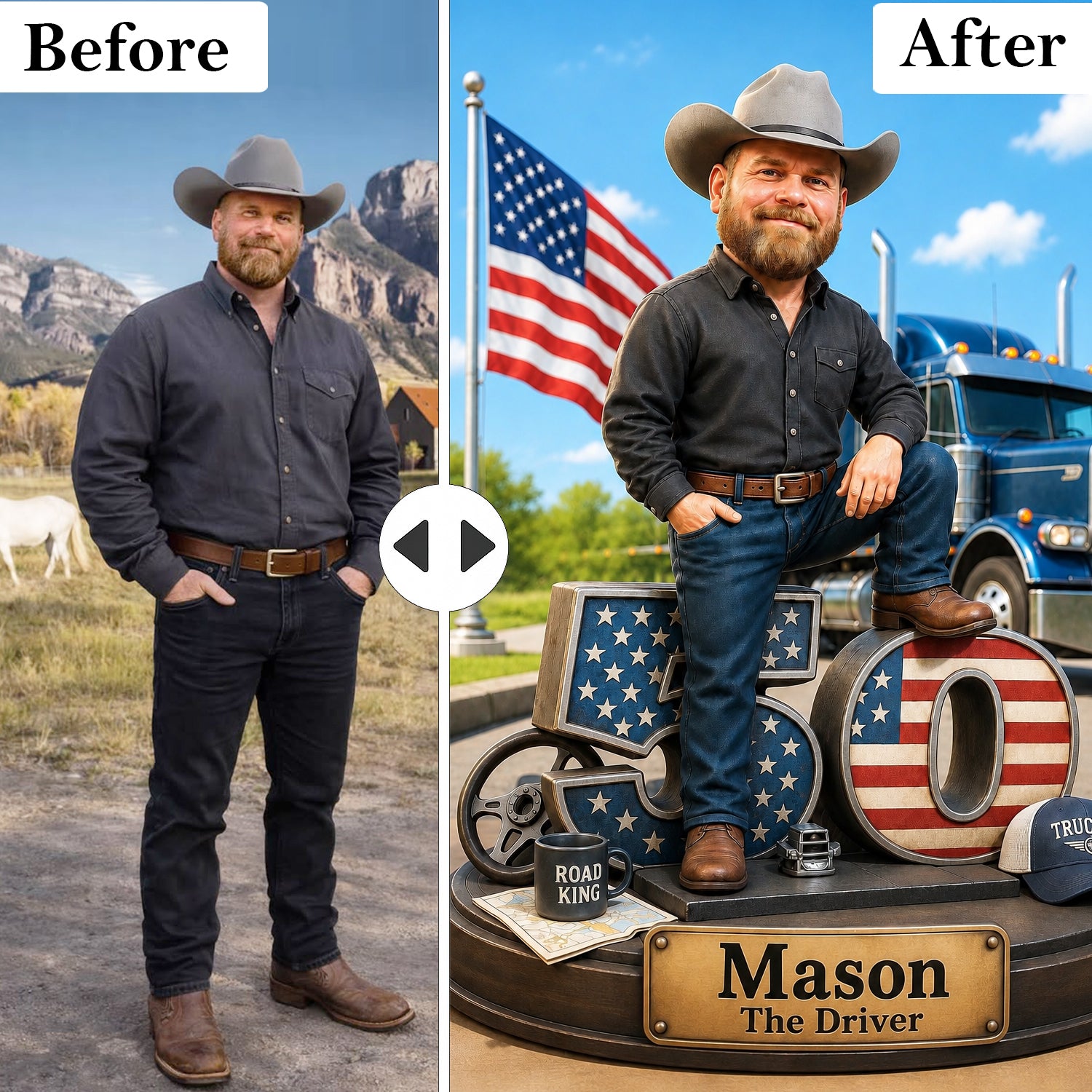 Custom semi truck driver portrait from photo in a black frame