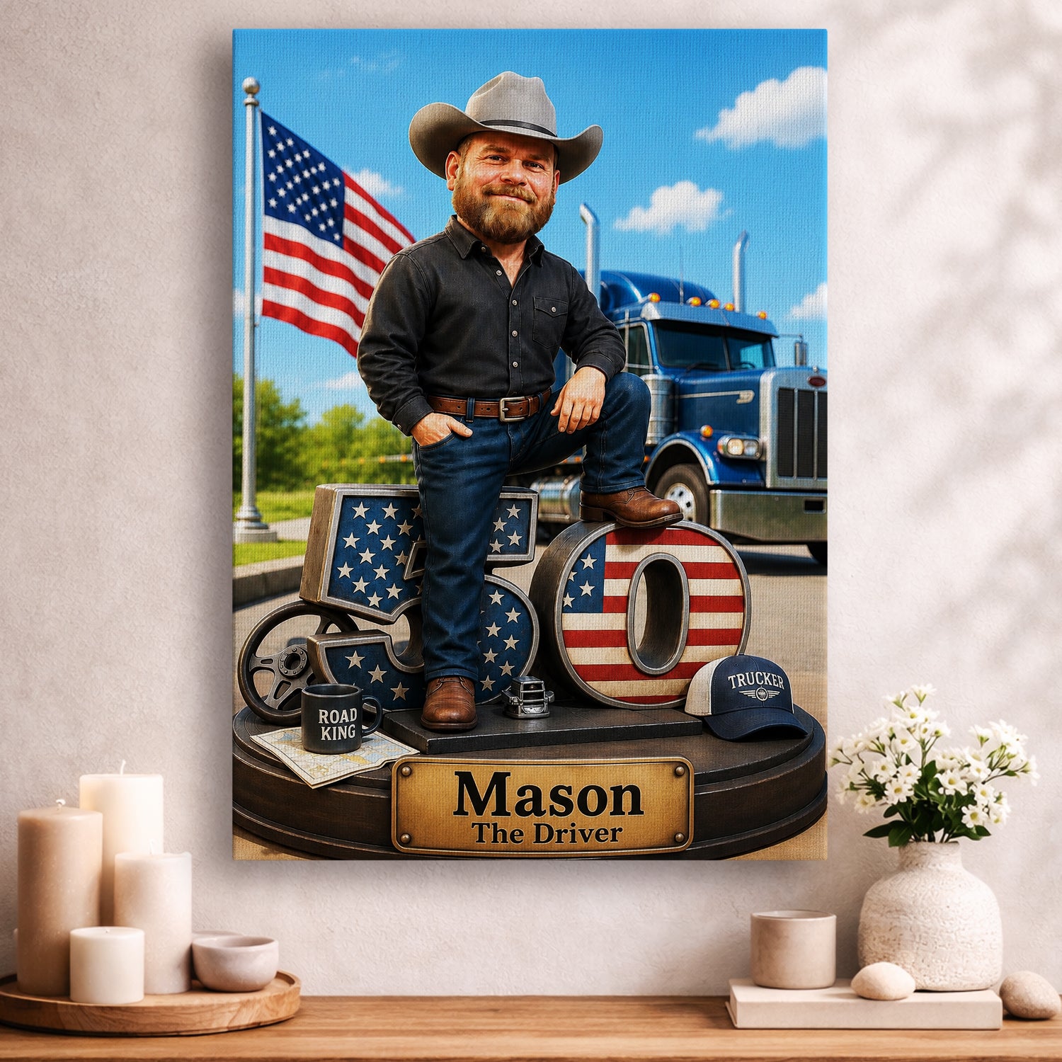 Custom truck driver caricature from photo on premium canvas