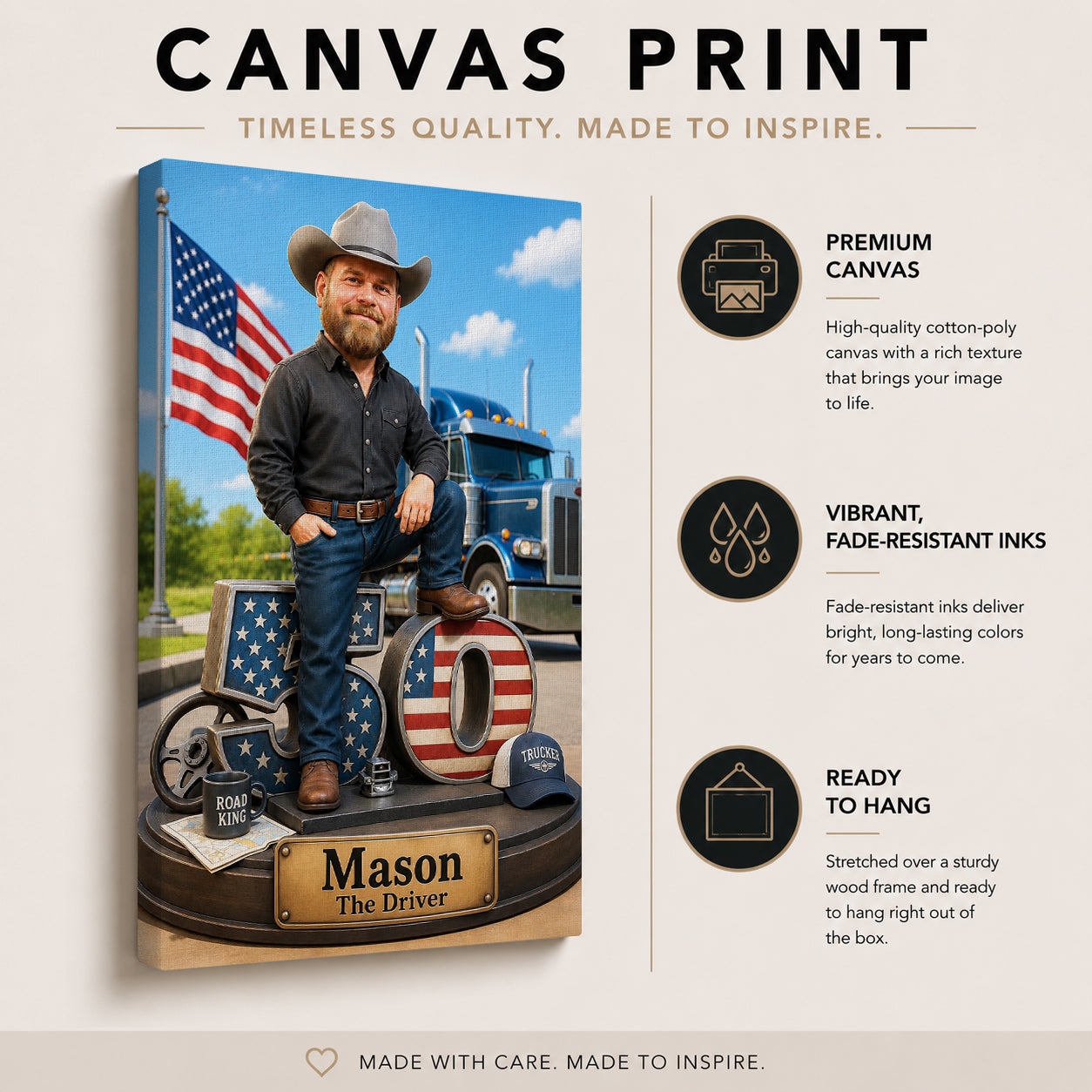 Personalized truck driver canvas print for Father's Day