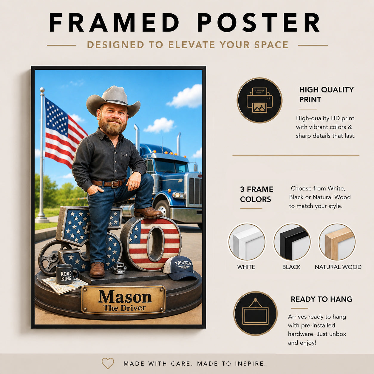 Custom truck driver portrait standing beside a semi truck