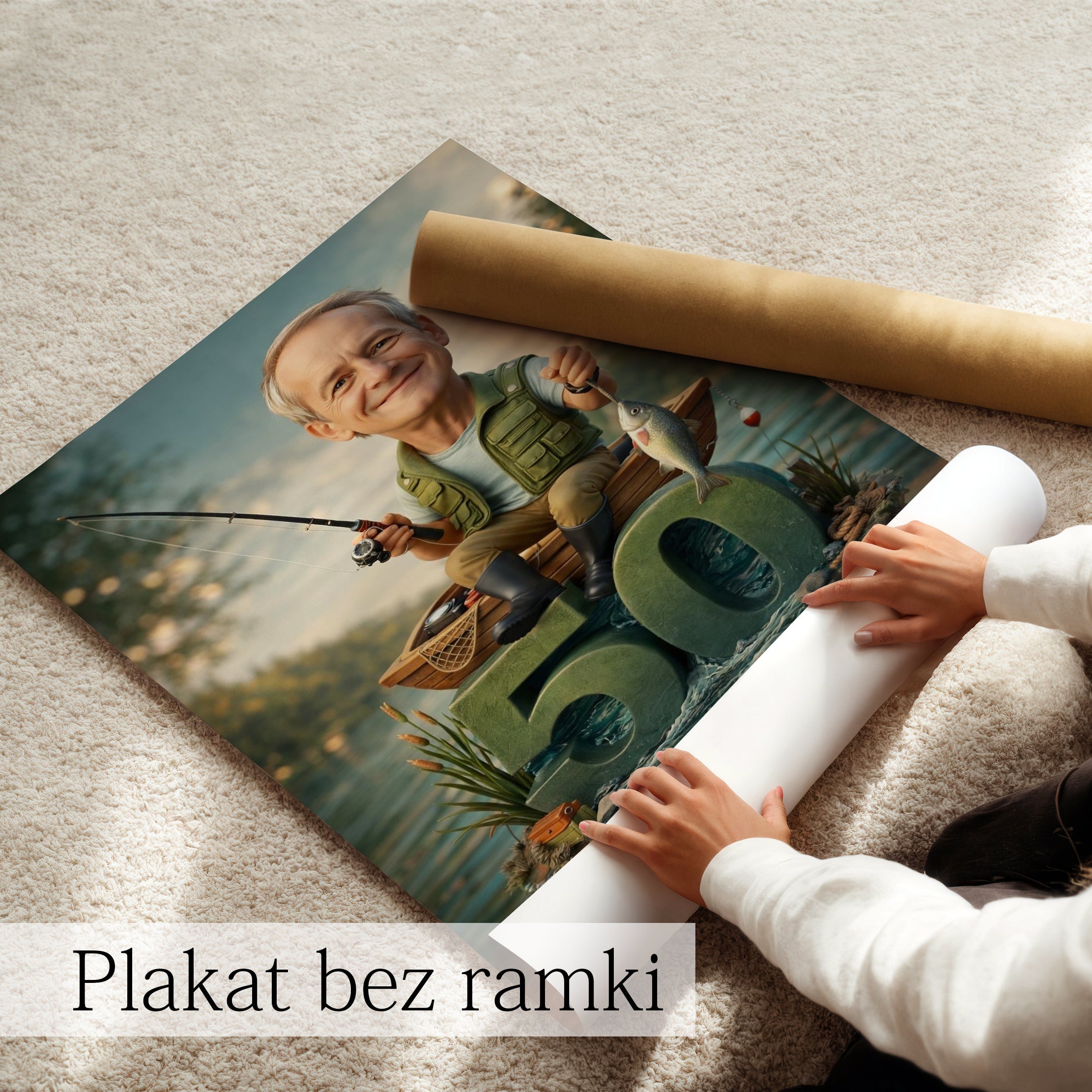 prezent dla wędkarza – karykatura wędkarz ze zdjęcia personalizowany plakat
