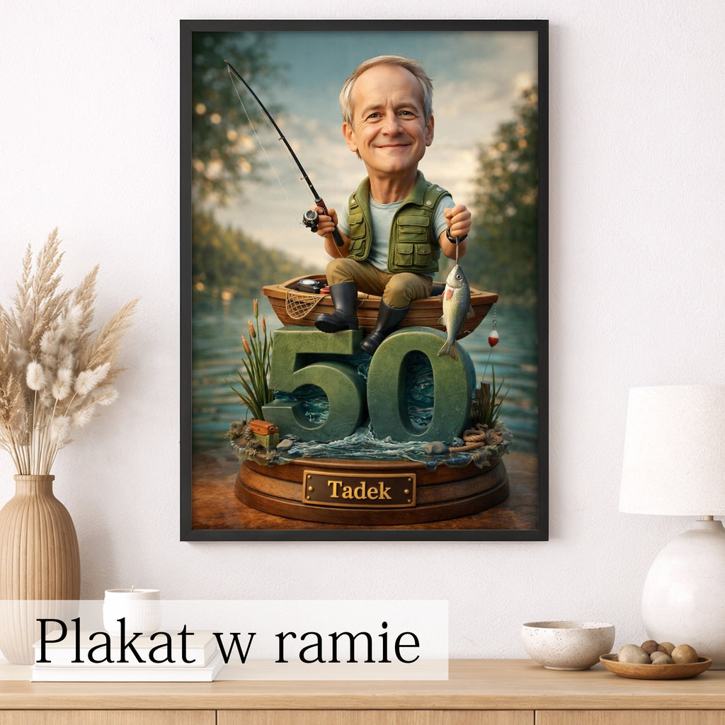 plakat ze zdjęcia wędkarz – karykatura wędkarza personalizowana