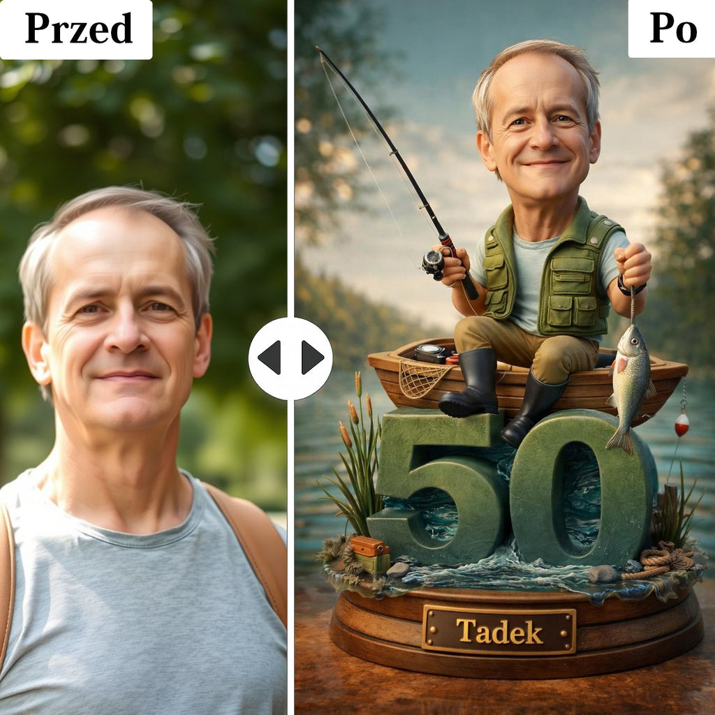 obraz ze zdjęcia wędkarz – śmieszna karykatura wędkarza na prezent