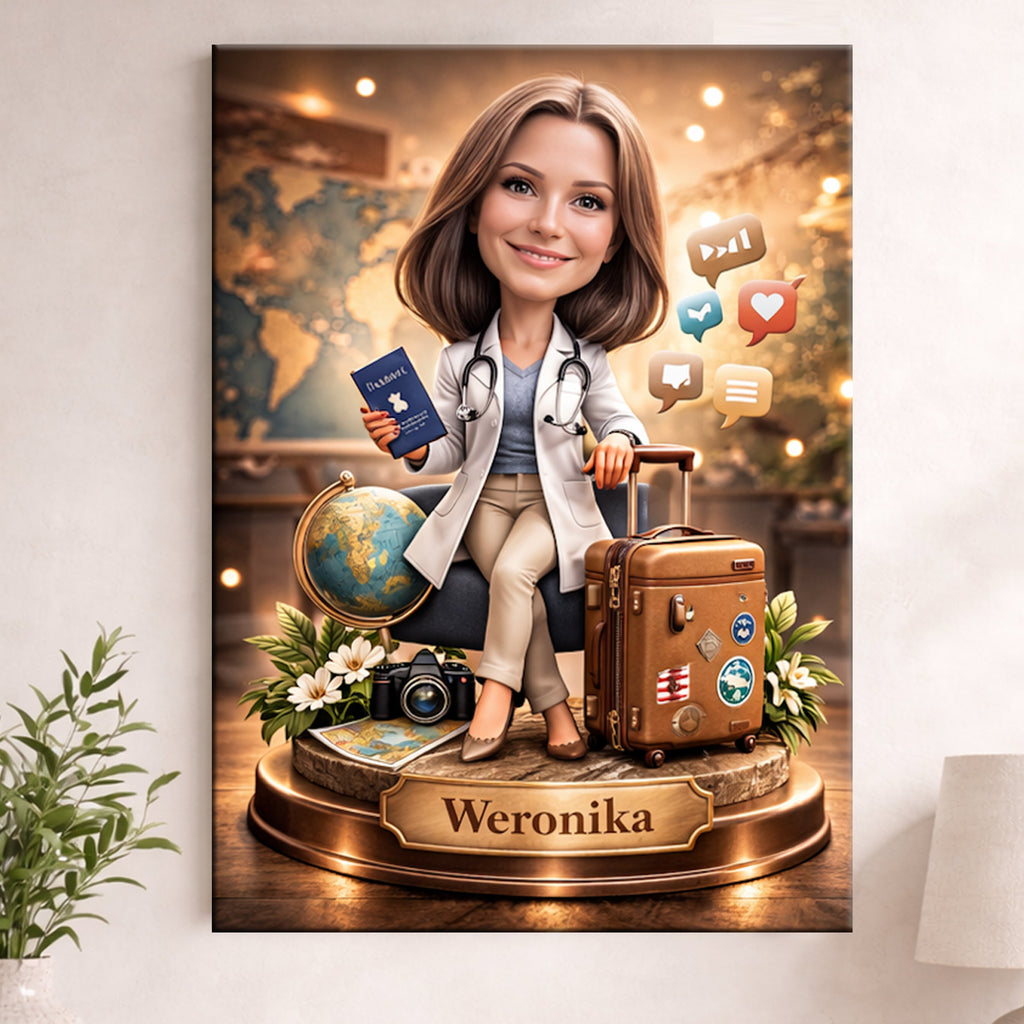 Traveler Caricature from Photo - Personalized Gift for Her