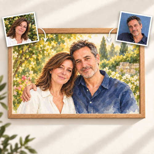 Two separate source photos floating beside a framed watercolor couple portrait with a painted sunlit garden