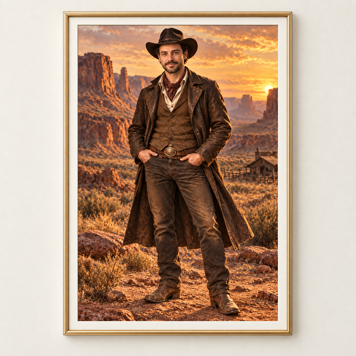 Solo cowboy portrait from photo in a thin gold frame