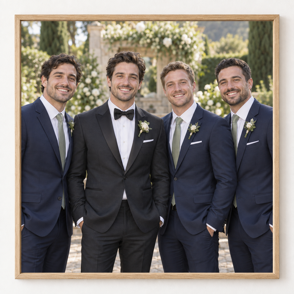 Bräutigam und Trauzeugen – personalisiertes Porträt aus einzelnen Fotos