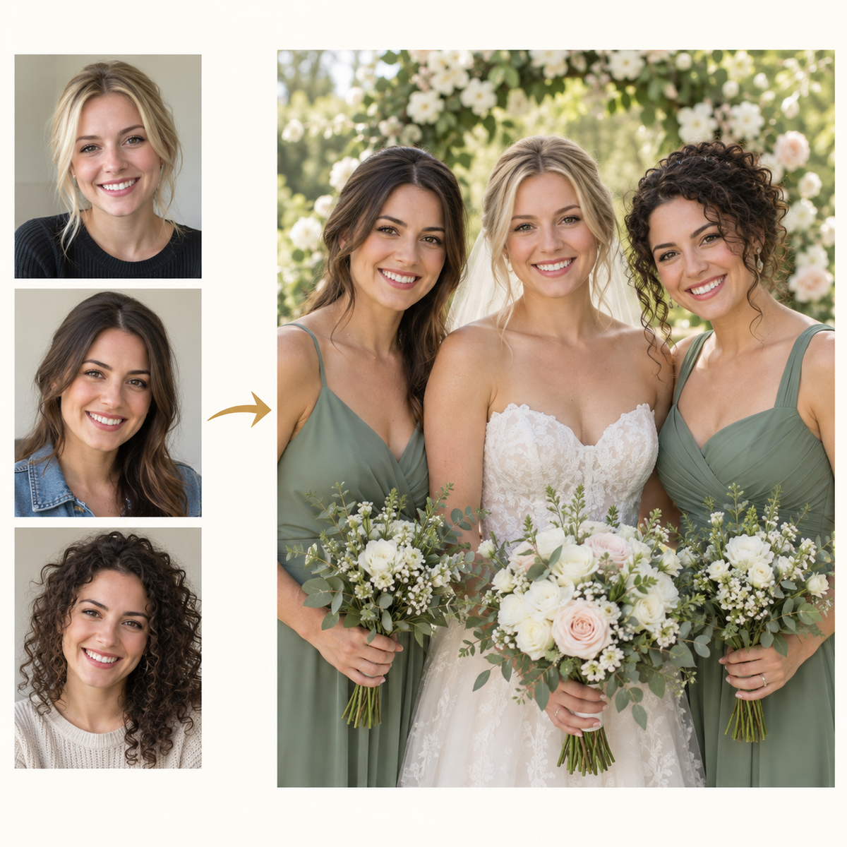 Before and after: separate everyday photos combined into a bride and bridesmaids portrait