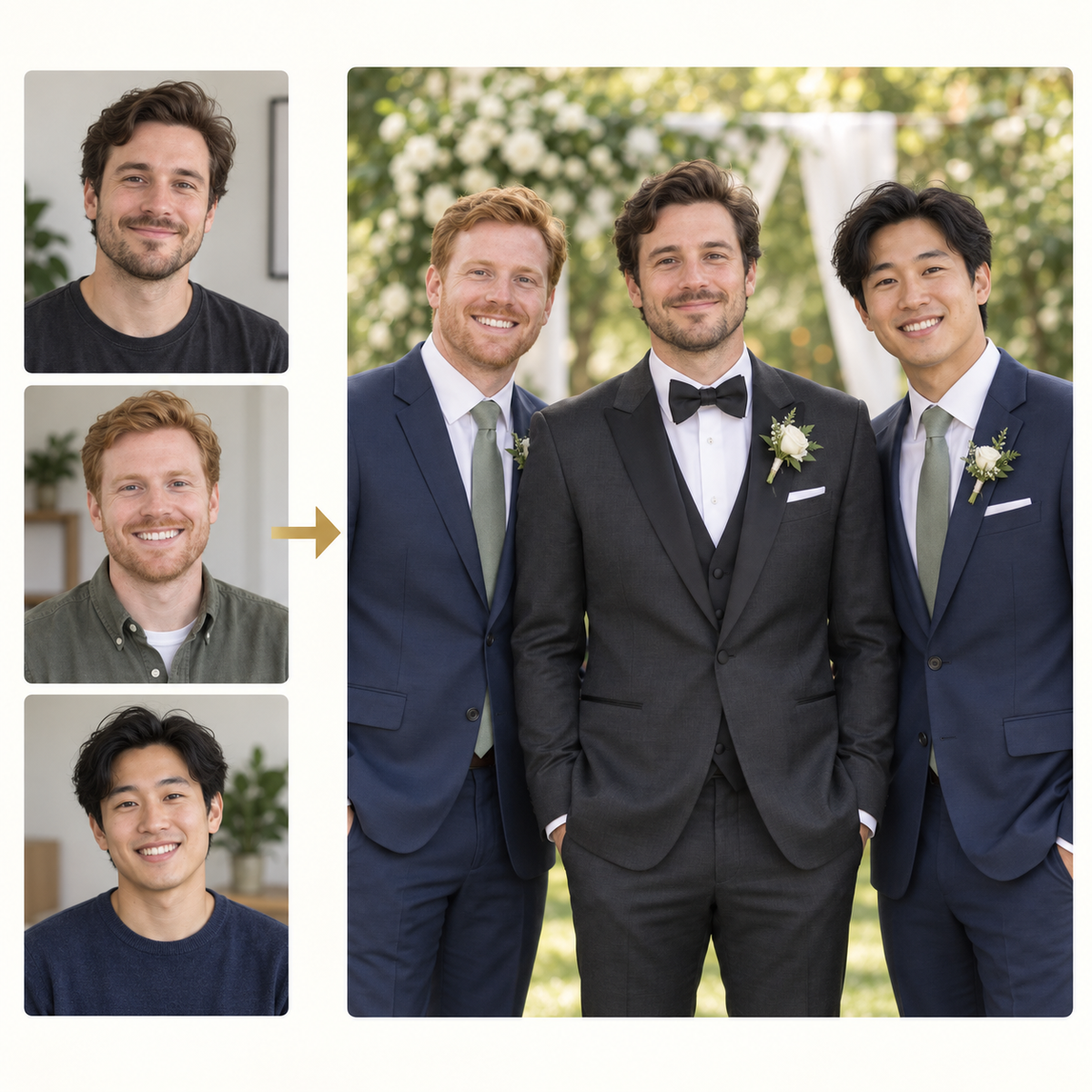Before and after: separate everyday photos combined into a groom and groomsmen portrait