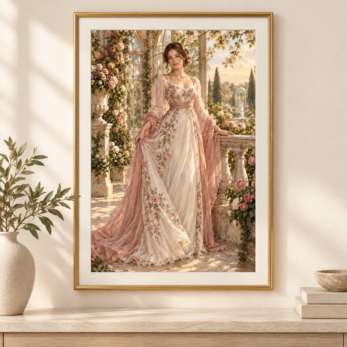 Personalisiertes Floral-Grace-Frauenporträt vom Foto in einem Rahmen