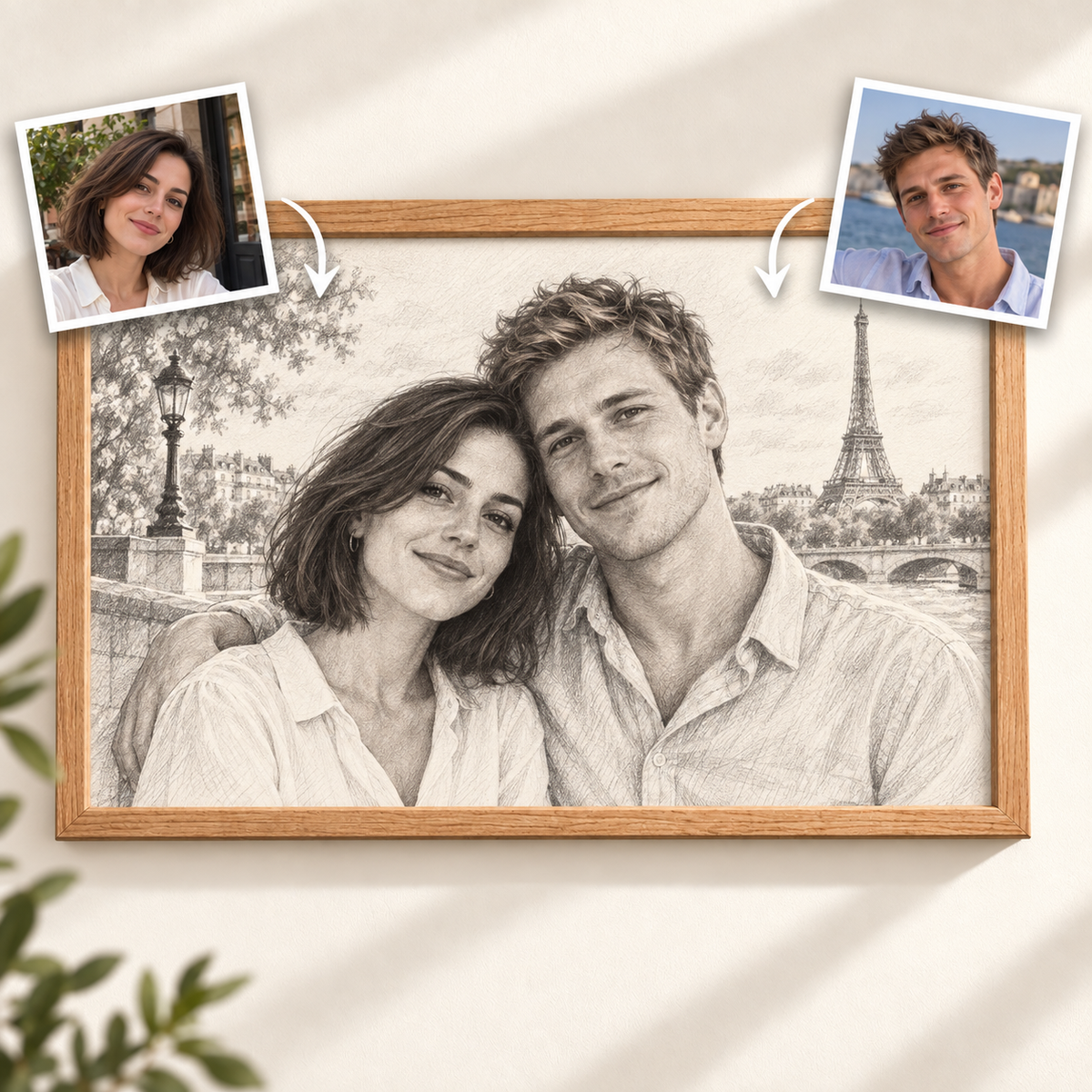 Two separate photos combined into a pencil sketch couple portrait with the Eiffel Tower in Paris