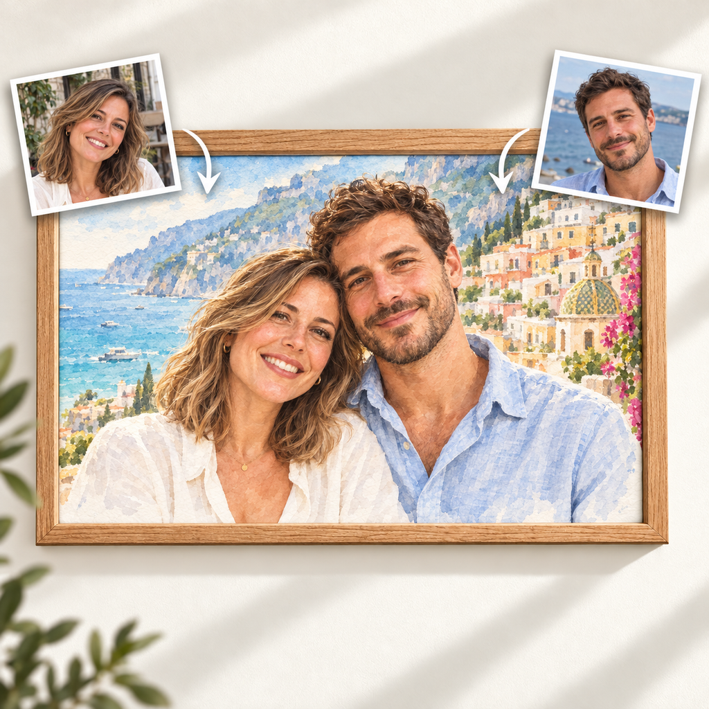 Two separate photos combined into a watercolor couple portrait on the Amalfi Coast