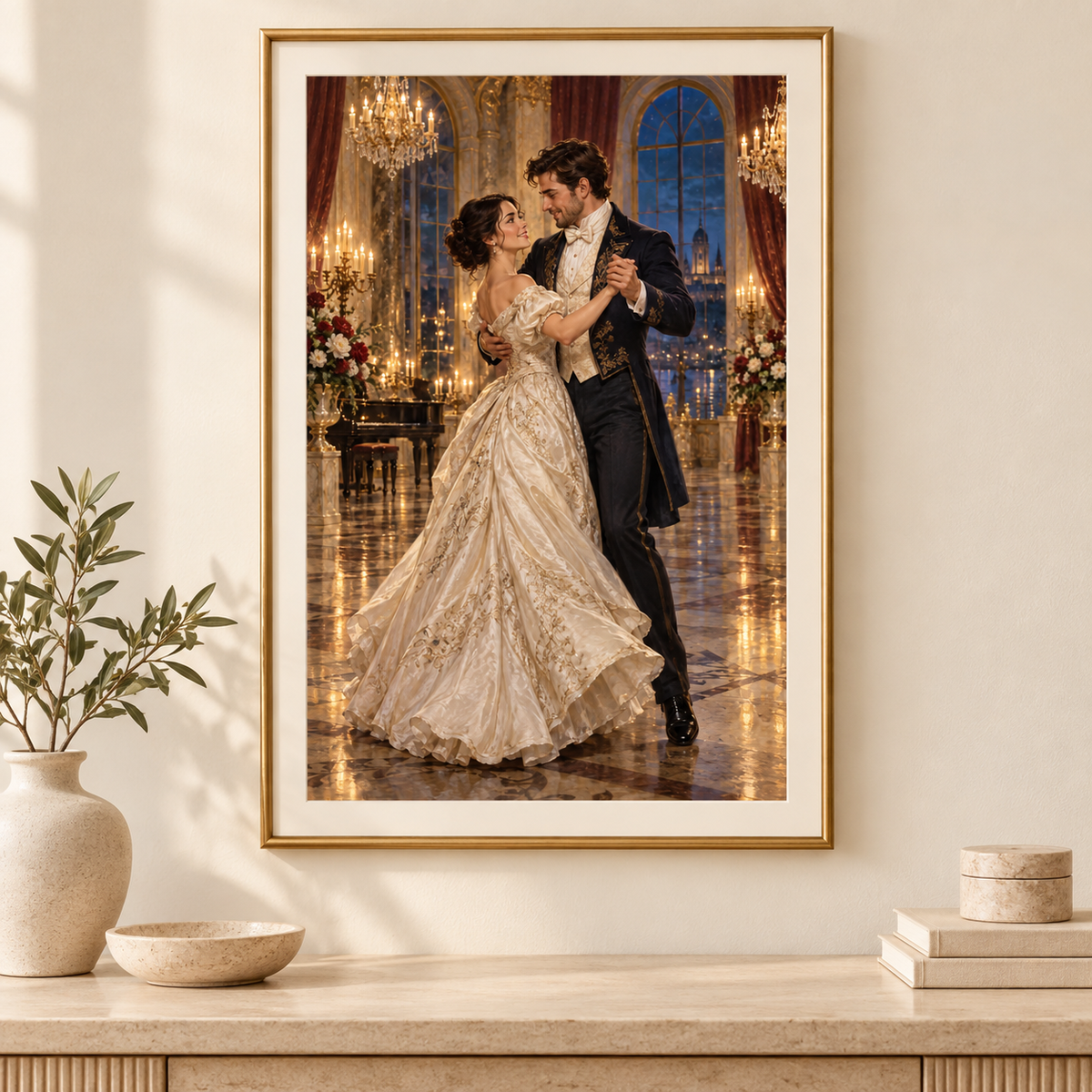 Grand ballroom couple portrait from photo in a thin gold frame