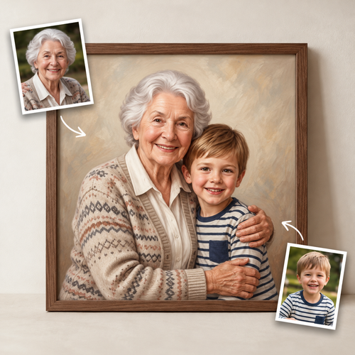 Grandmother lovingly hugging her grandson in a portrait made from their separate photos