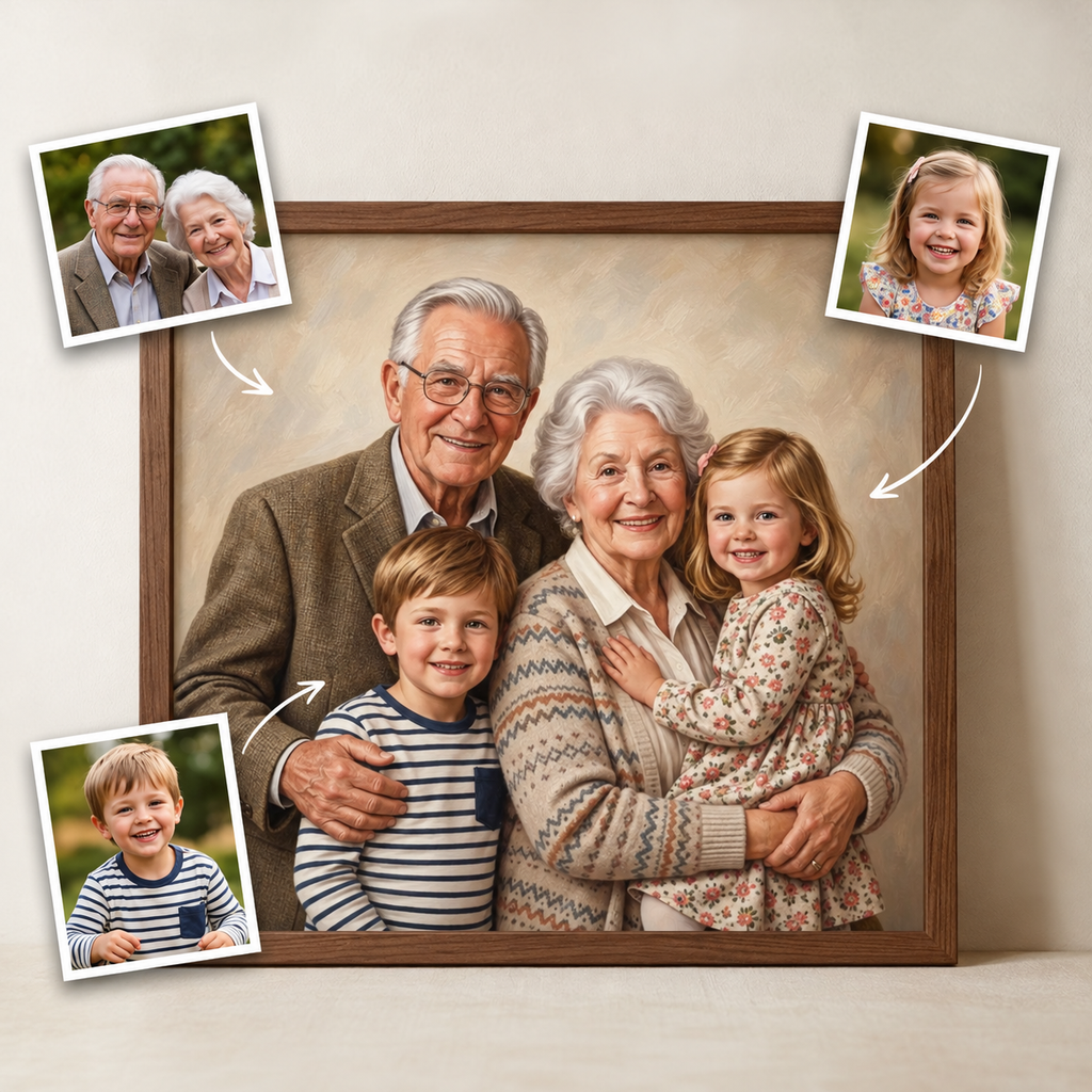 Grandmother and grandfather with their grandson and granddaughter, combined into one portrait from separate photos