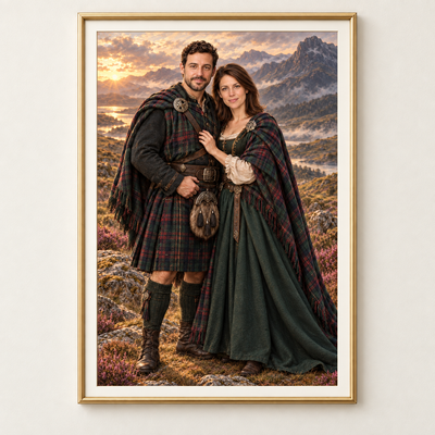 Personalisiertes Highland-Paarporträt vom Foto in einem Rahmen