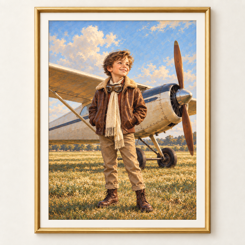Little aviator child portrait from photo in a thin gold frame